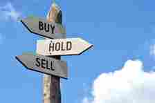 Wooden signpost - buy, hold, sell