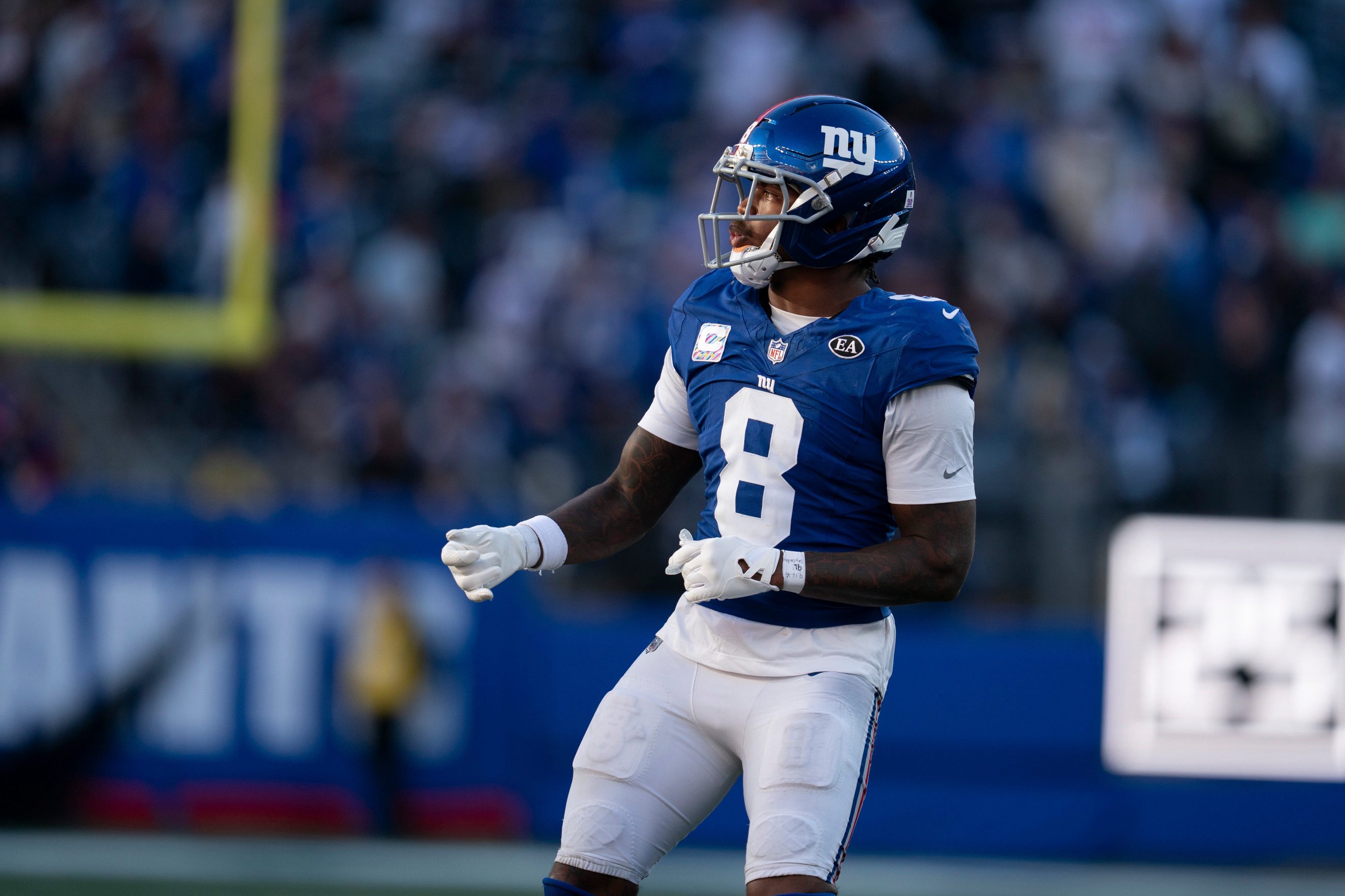 New York Giants safety Jevon Holland (8) runs onto the field in the 4th quarter during a week 6 NFL football game between New York Giants and New Orleans Saints on Sunday, Oct. 18, 2026, at MetLife Stadium in East Rutherford, NJ.