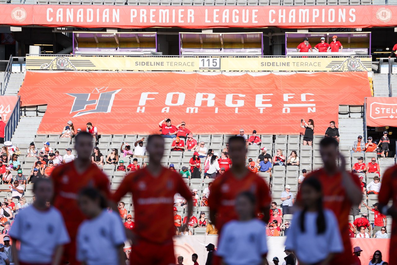 The Forge FC logo and their record league win are displayed above the fans' seating area during a Canadian Premier League game between Forge FC and Halifax at Hamilton Stadium in Hamilton, Ontario, Canada, on June 10, 2026. (Photo by Indrawan Kumala/NurPhoto via Getty Images)