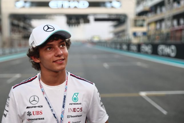 Andrea Kimi Antonelli after the sprint race at the Formula 2 Round at Yas Marina Circuit in Abu Dhabi, United Arab Emirates on November 25, 2023. (Photo by Jakub Porzycki/NurPhoto via Getty Images)