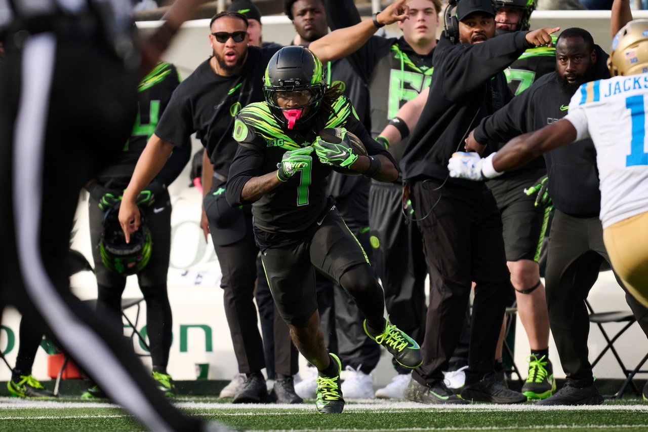 Oct 10, 2026; Eugene, Oregon, USA; Oregon Ducks wide receiver Dakorien Moore (1) catches a pass during the second half during a game against the UCLA Bruins at Autzen Stadium. Mandatory Credit: Troy Wayrynen-Imagn Images