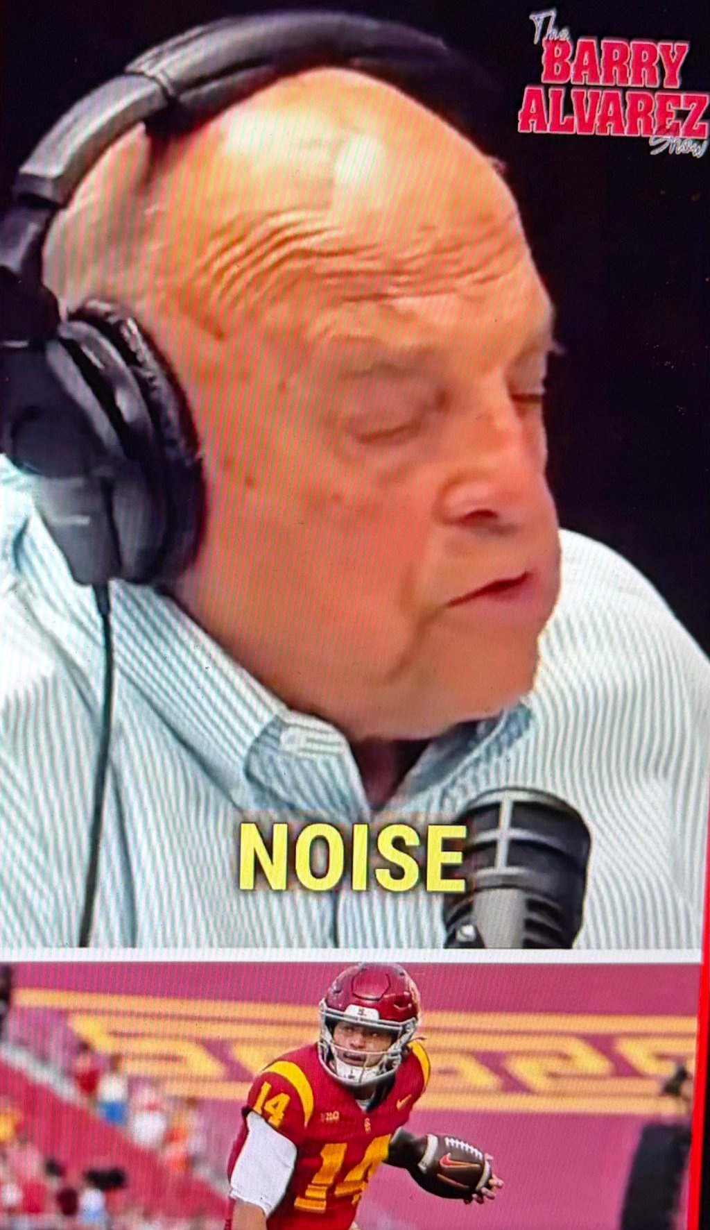 Barry Alvarez wearing a headset and talking into a microphone on "The Barry Alvarez Show," with a college football player inset below.