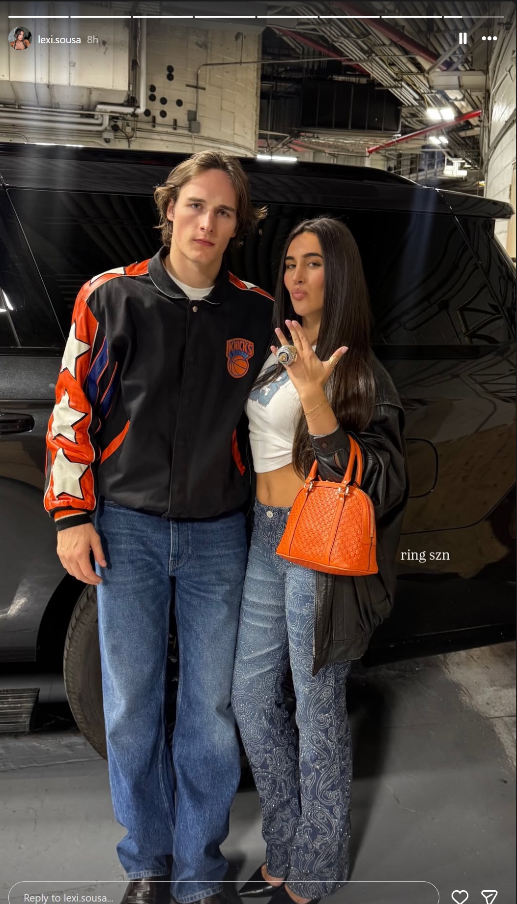 Tyler Kolek and his girlfriend Lexi Sousa pose with his new Knicks championship ring on Wednesday night. 