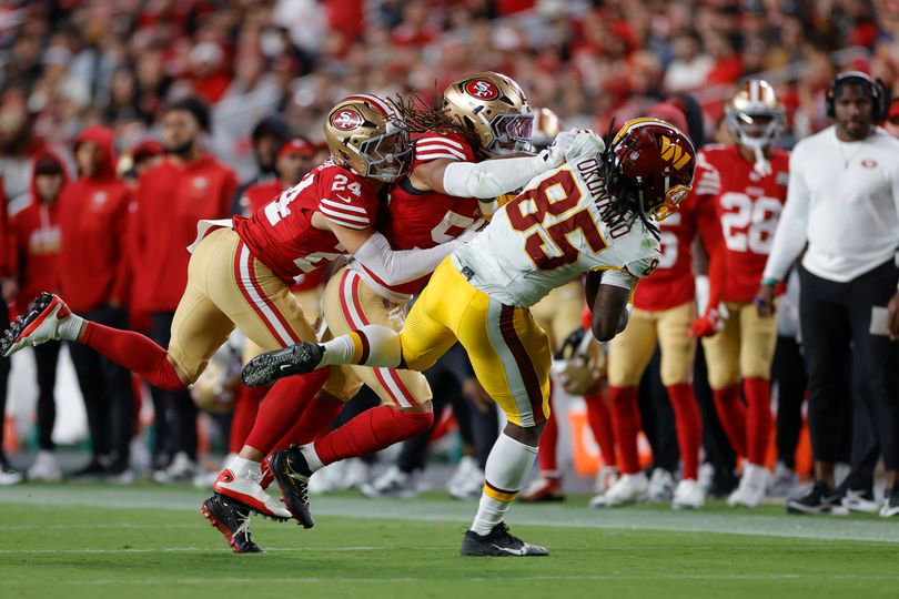 Fred Warner was fined for two hits on Commanders tight end Chig Okonkwo, including this one that cost $17,911