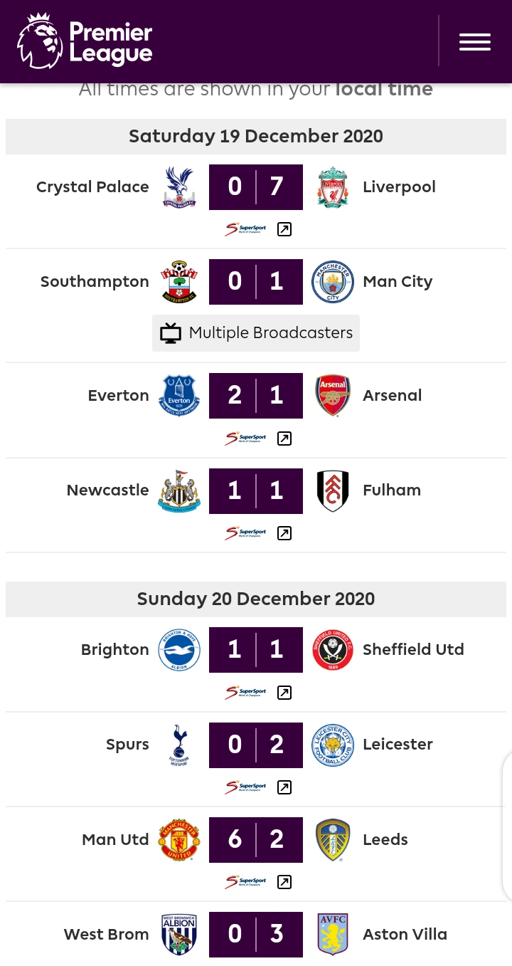 Premier league result english Latest English
