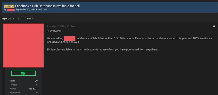 A screenshot allegedly showing a post on dark web for the sale of over 1.5 billion Facebook users' data