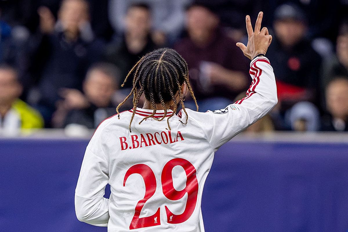 Liverpool's French midfielder #29 Bradley Barcola celebrates scoring the 1-5 goal, his hattrick,  during the UEFA Champions League football match between LASK and Liverpool FC in Linz, Austria on October 14, 2026. (Photo by Branislav Racko / AFP via Getty Images)