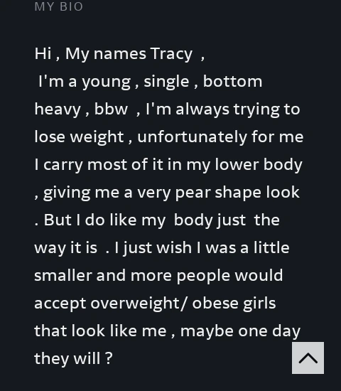 Tracy tells her sad story about how she became overweight by eating too much.