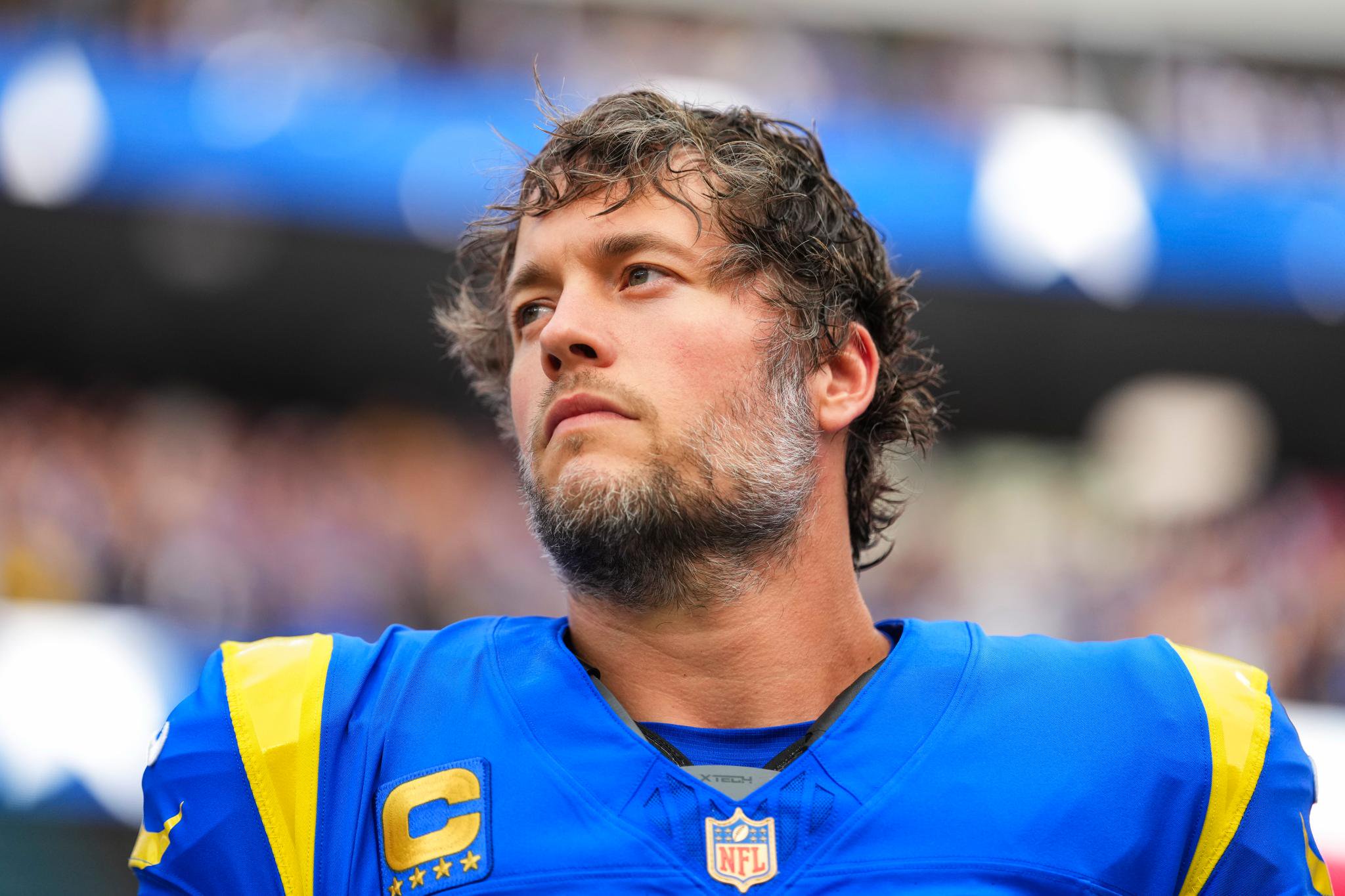 Los Angeles Rams quarterback Matthew Stafford looks up during a game against the Buffalo Bills.