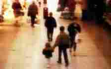 Surveillance camera footage shows the abduction of two-year-old James Bulger from a Liverpool shopping centre on February 12 1993