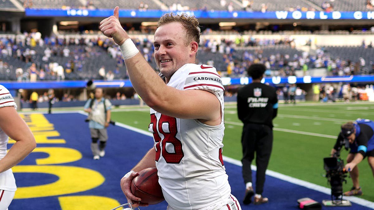 Chad Ryland #38 walks off the field at SoFi Stadium after the Cardinals' win.