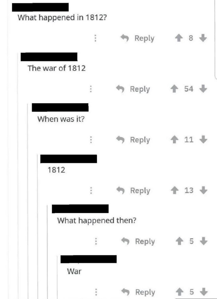 Someone asks what year the War of 1812 was and they get told 1812