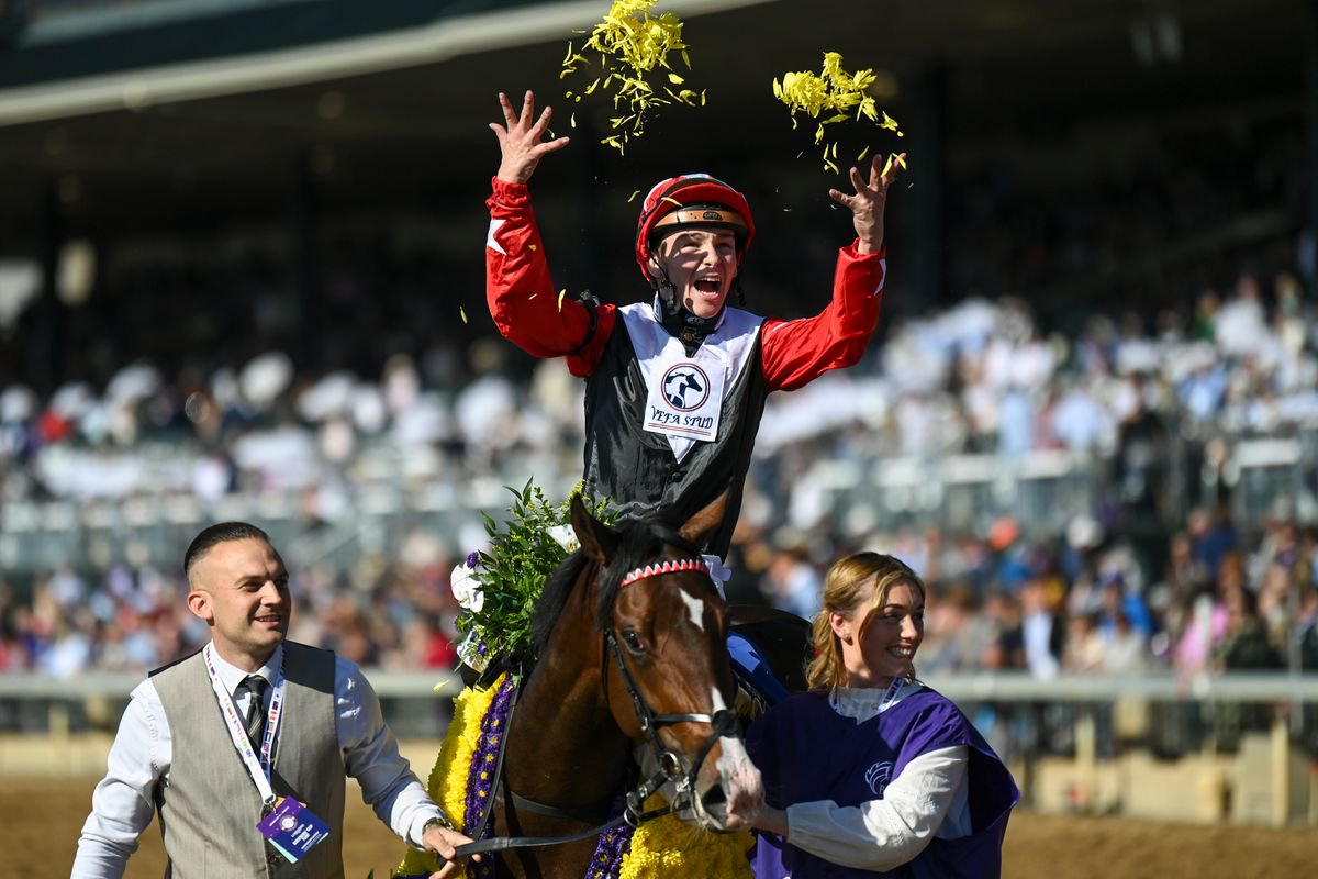 Libertango ridden by Billy Loughnane celebrates after winning the Breeders' Cup Juvenile Turf 
