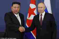 North Korean leader Kim Jong Un has been shipping weapons to Russia to help fuel Putin 's war in Ukraine, it has emerged. Vladimir Putin (R) and Kim Jong Un (L) are pictured shaking hands during their meeting at the Vostochny Cosmodrome in Amur region on September 13, 2023