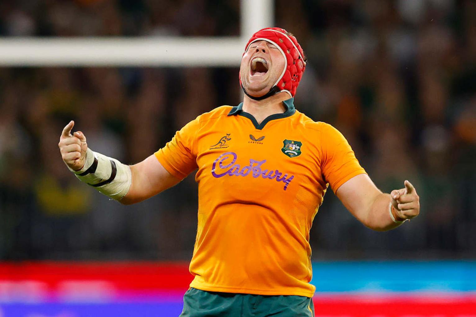 Harry Wilson roars in celebration of Australia's win over South Africa 