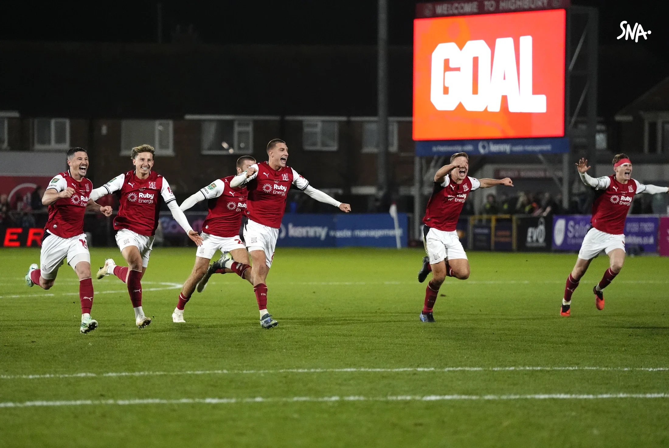 Fleetwood players celebrate Conor Haughey’s winning penalty against Arsenal on 27 October 2026