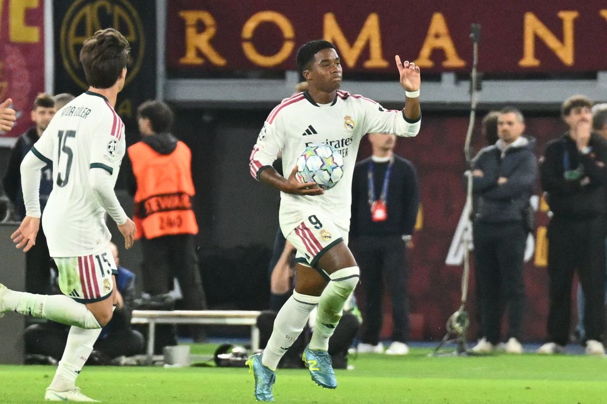 Endrick celebrates after scoring for Real Madrid against Roma
