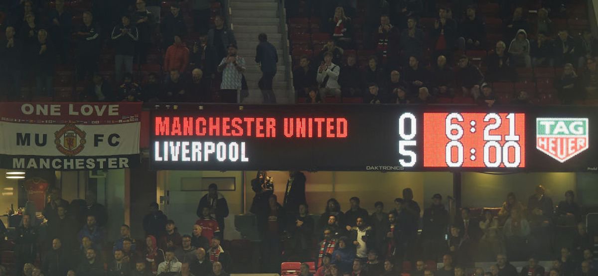 MANCHESTER, ENGLAND - OCTOBER 24: (THE SUN OUT, THE SUN ON SUNDAY OUT) Final score of Liverpool and Manchester United at the end the Premier League match between Manchester United and Liverpool at Old Trafford on October 24, 2021 in Manchester, England. (Photo by Nick Taylor/Liverpool FC/Liverpool FC via Getty Images)