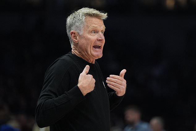 Golden State Warriors head coach Steve Kerr reacts toward a referee during the first half of an NBA basketball game against the Minnesota Timberwolves, Wednesday, Oct. 28, 2026, in Minneapolis. (AP Photo/Abbie Parr)