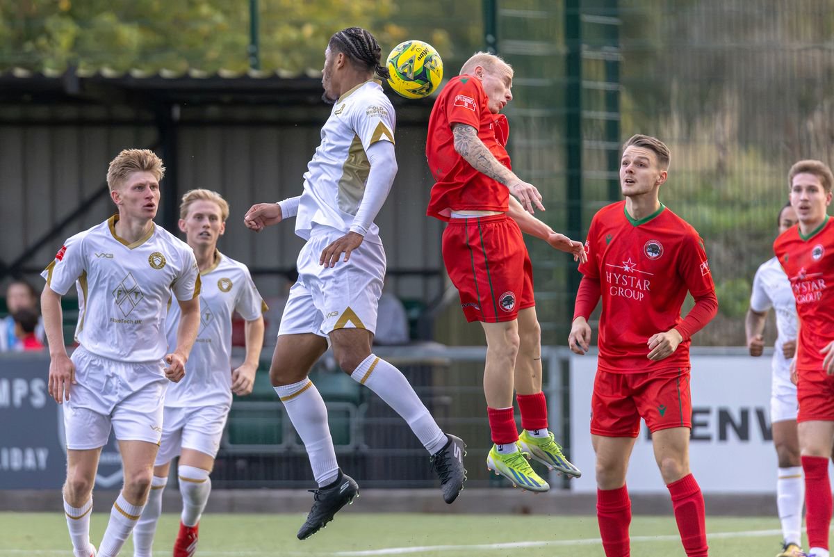 South Park's Finlay Johnson goes head-to-head with the Whitstable midfield (Photo by Stuart McAlister)