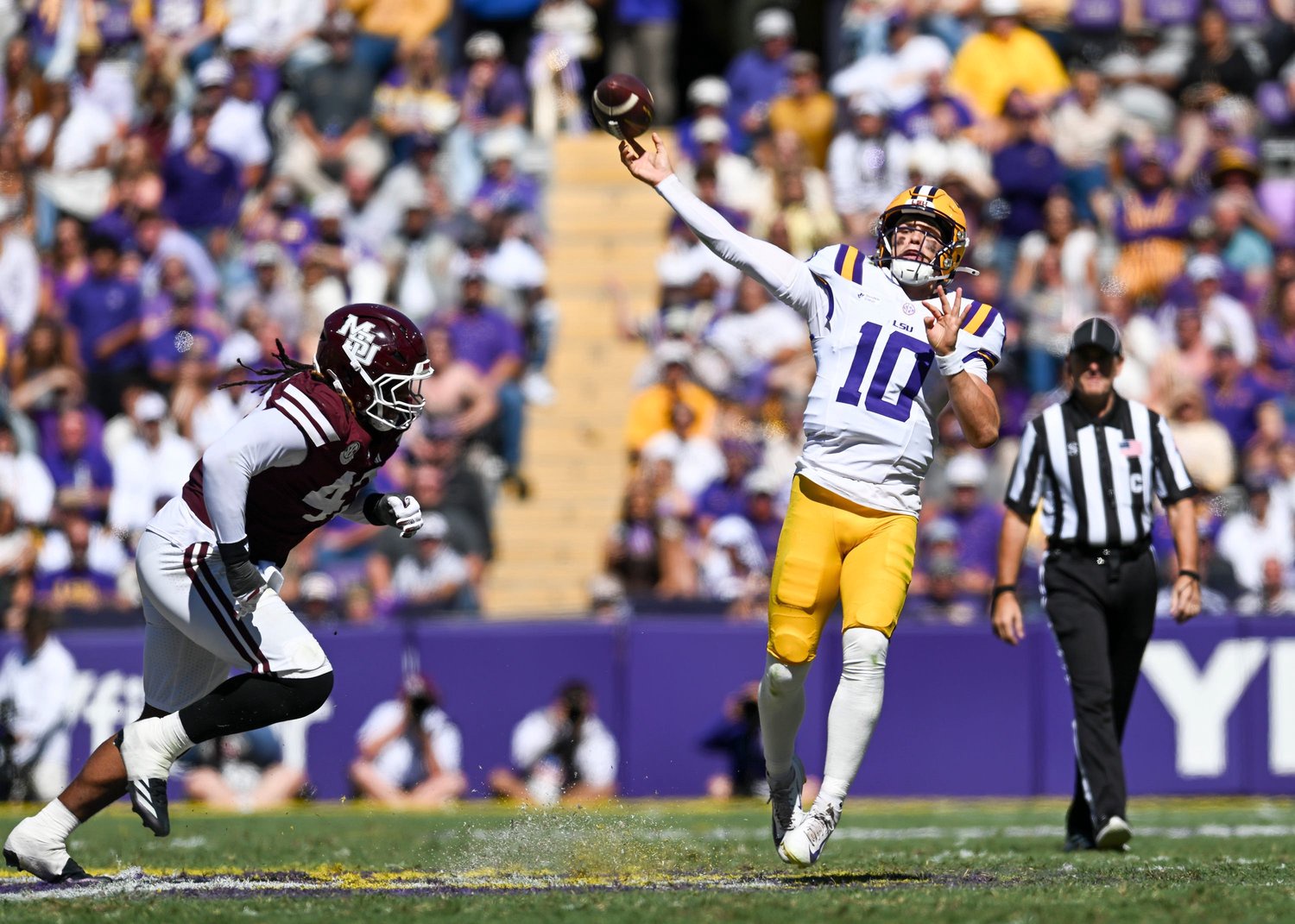 Tigers Quarterback Sam Leavitt 10, The LSU Tigers take on the Mississippi State Bulldogs.  October 17, 2026; Baton Rouge, LA, USA;  at Tiger Stadium.