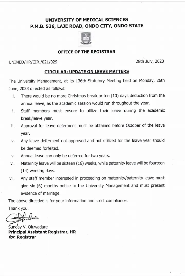 Nigerian University Of Medical Sciences, Ondo Bans Christmas Holiday, Releases Stringent Maternity Policy As Workers Kick