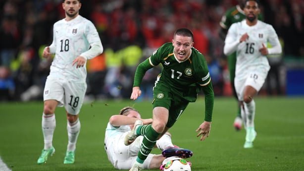 DUBLIN, IRELAND - OCTOBER 01: Jack Moylan of Republic of Ireland is challenged by Patrick Wimmer of Austria during the UEFA Nations League 2026/27 group phase match between Republic of Ireland and Austria at Aviva Stadium on October 01, 2026 in Dublin, Ireland. (Photo by Charles McQuillan/Getty Imag