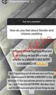"I’m Pissed Off" - Davido's Alleged Side Chic, Gorgeous Doll Reacts To His Wedding To Chioma