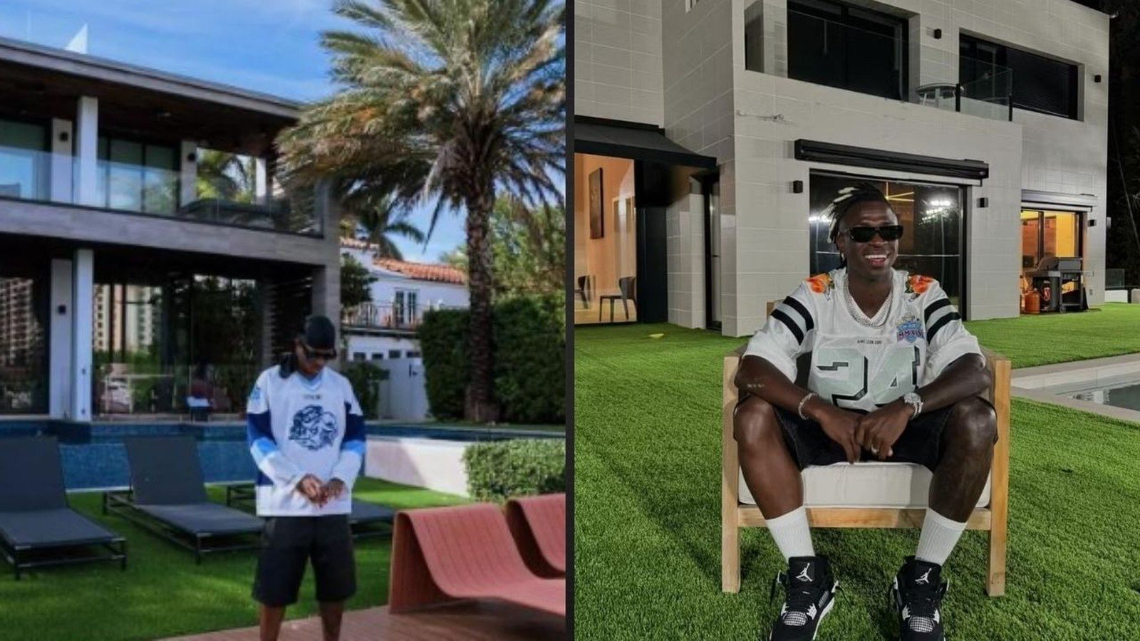 Dois homens em frente a mansões modernas com piscinas e jardins