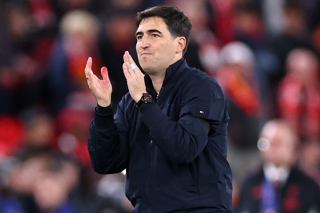 LIVERPOOL, ENGLAND - SEPTEMBER 9: Andoni Iraola manager / head coach of Liverpool celebrates at full time following the UEFA Champions League 2026/27 League Phase MD1 match between Liverpool FC and Atletico de Madrid at Anfield on September 9, 2026 in Liverpool, United Kingdom. (Photo by Robbie Jay Barratt - AMA/Getty Images)