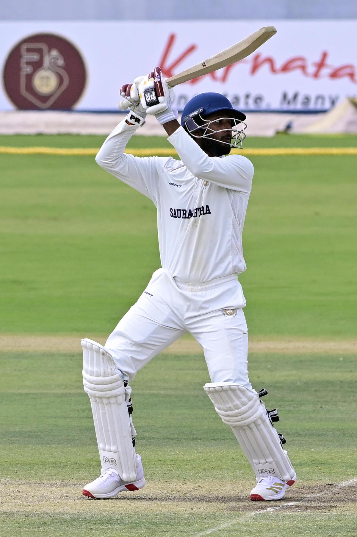 Sammar Gajjar of Saurashtra in action against Karnataka during their 2026-27 Ranji Trophy Elite match at the Aluru Cricket Stadium in Bengaluru on Tuesday 20 October 2026.