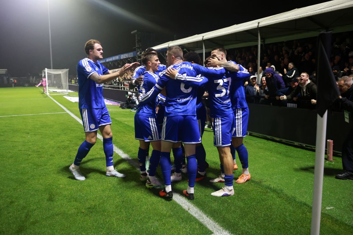 Will Alves of Leicester City celebrates with his team mates after scoring