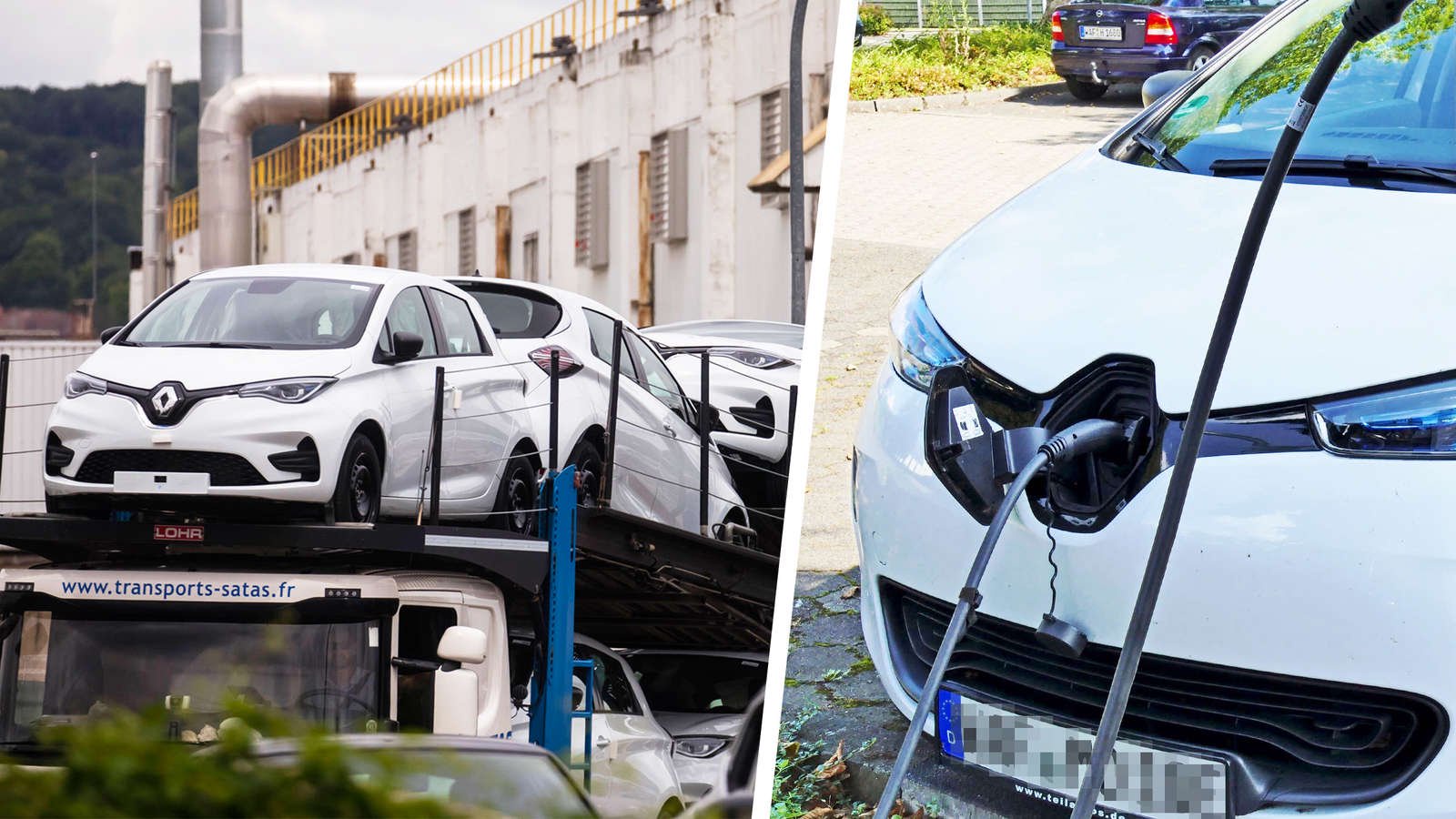 Ein LKW, der E-Autos von Renault transportiert und ein Renault E-Auto an einer Ladestation