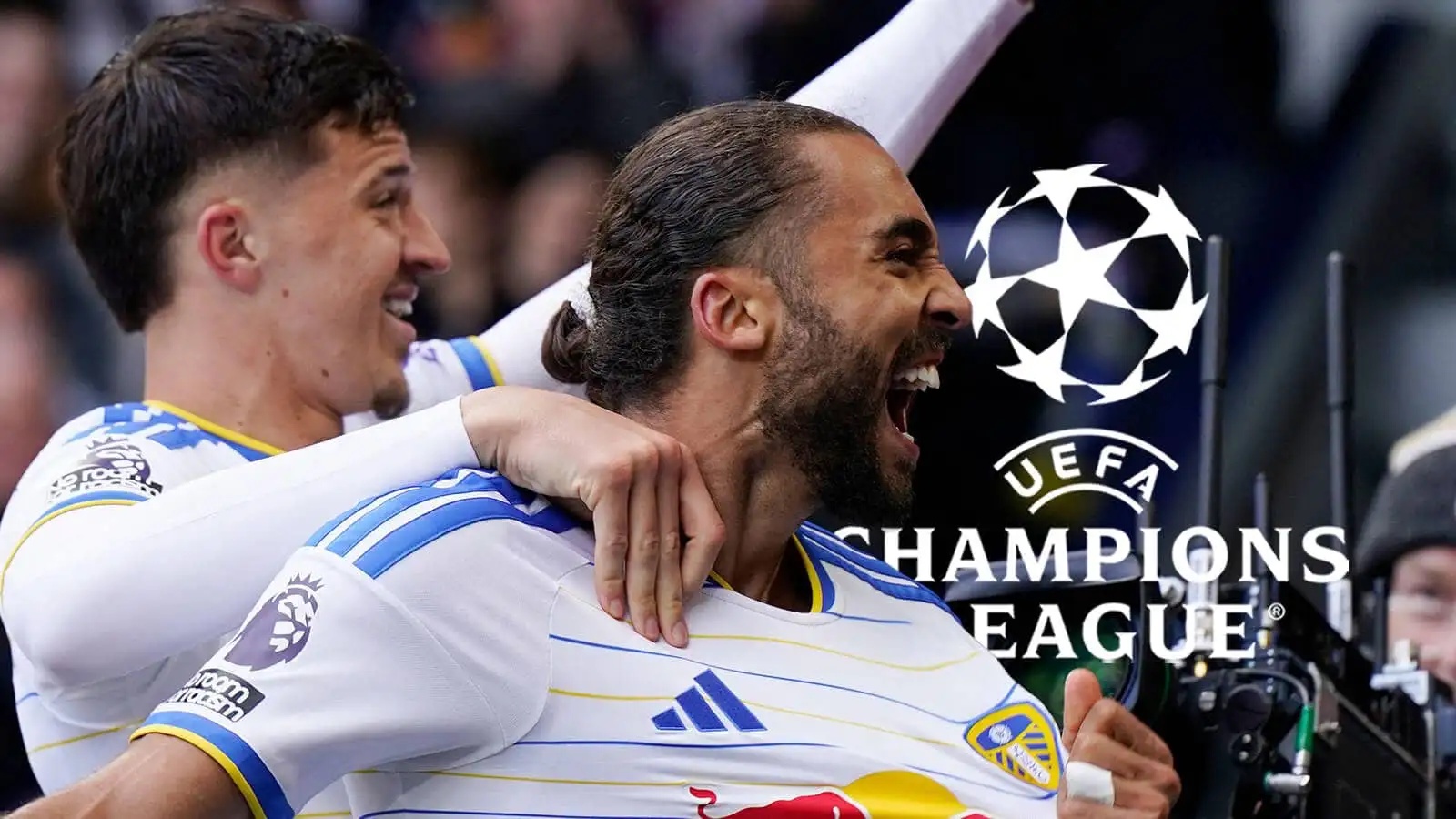 Leeds stars Tarik Muharemovic and Dominic Calvert-Lewin next to the UEFA Champions League logo