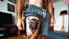 A Minotaur head tattoo on the thigh of a man