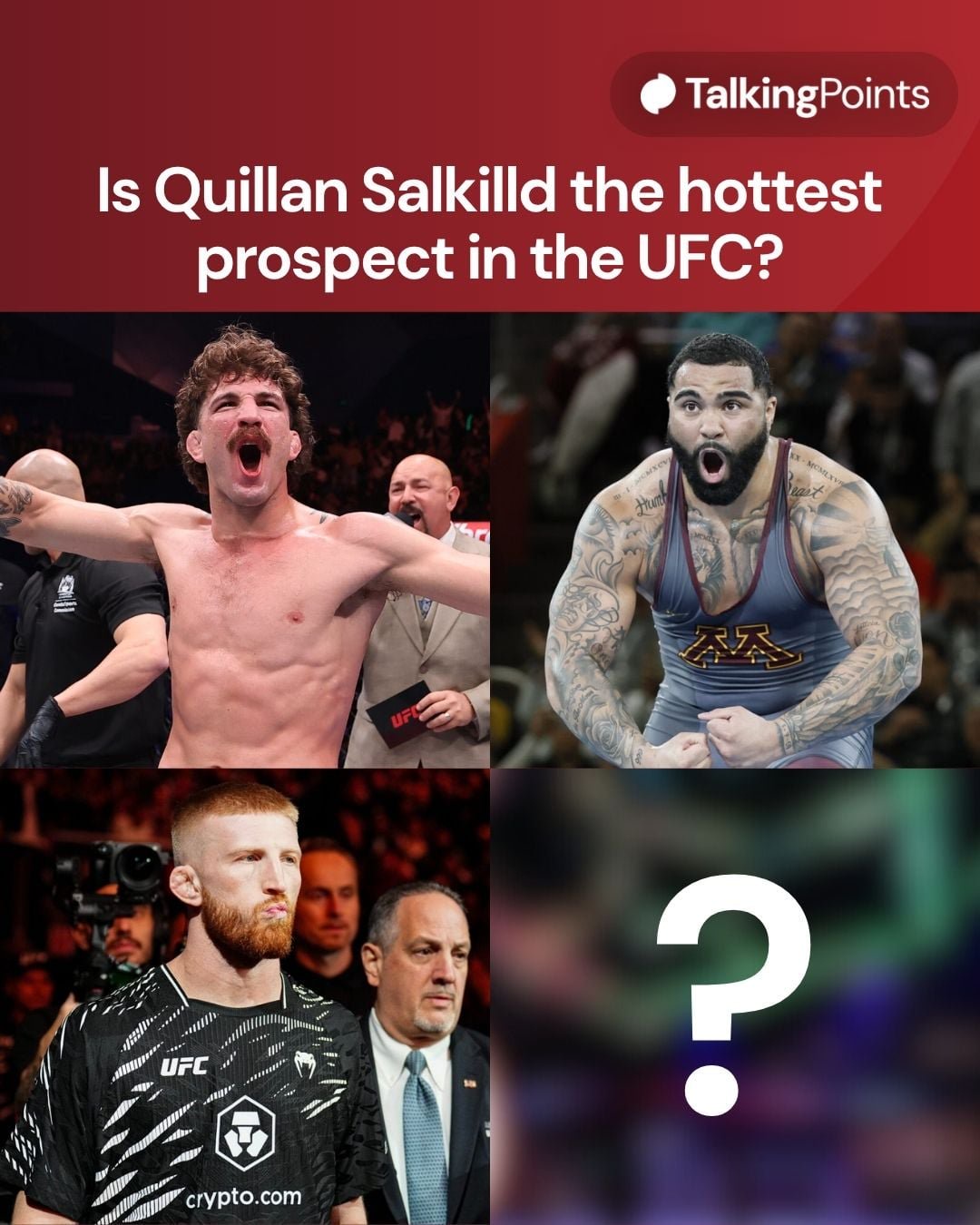 BE graphic asking readers to choose the hottest UFC prospect out of Quillan Salkilld, Gable Steveson, and Bo Nickal