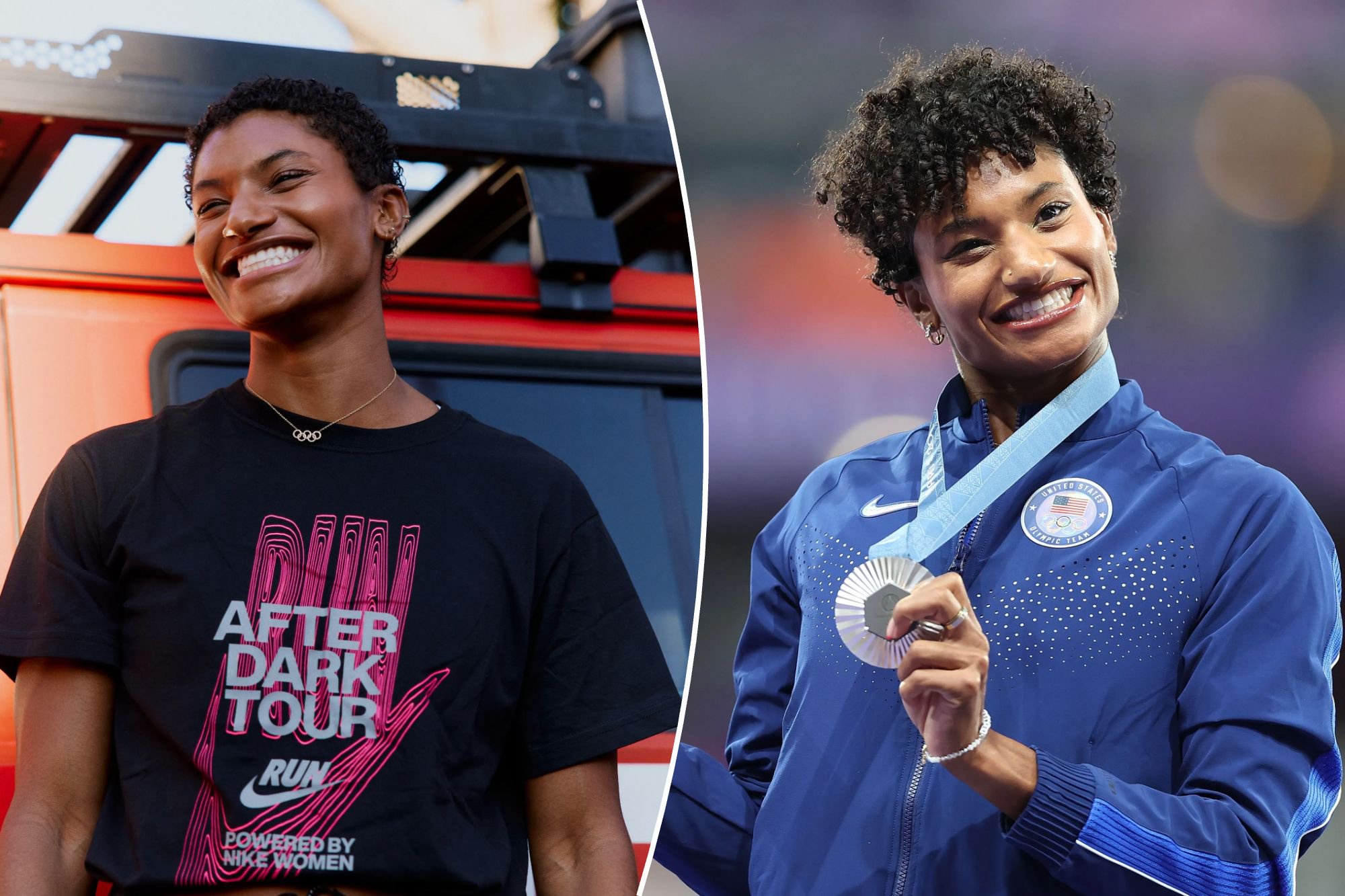 An image collage containing 2 images, Image 1 shows A smiling woman wearing a black t-shirt with pink and silver lettering that reads 