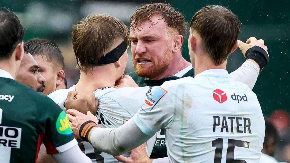 Ollie Chessum, James Pater and Henry Pollock square up during Leicester Tigers' win over Northampton Saints.