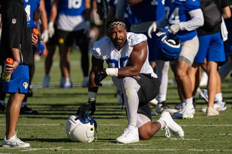 NFL, American Football Herren, USA Rams Training Camp Los Angeles Rams defensive end Myles Garrett 95 during the Los Angeles Rams Training Camp, Monday, July 27, 2026, at Loyola Marymount University, in Los Angeles, CA. Jon Endow/Image of Los Angeles California United States EDITORIAL USE ONLY Copyright: xx JonxEndowx iosphotos416037