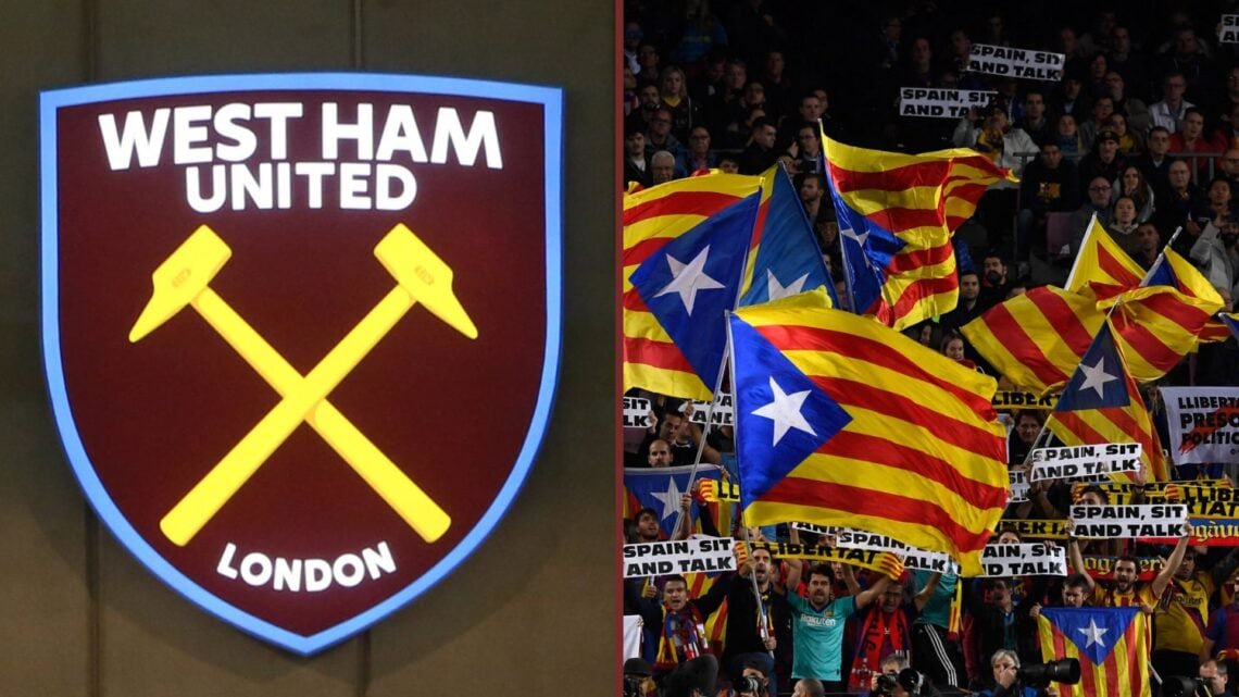 Split image showing the West Ham United club badge and Barcelona fans holding Catalan flags