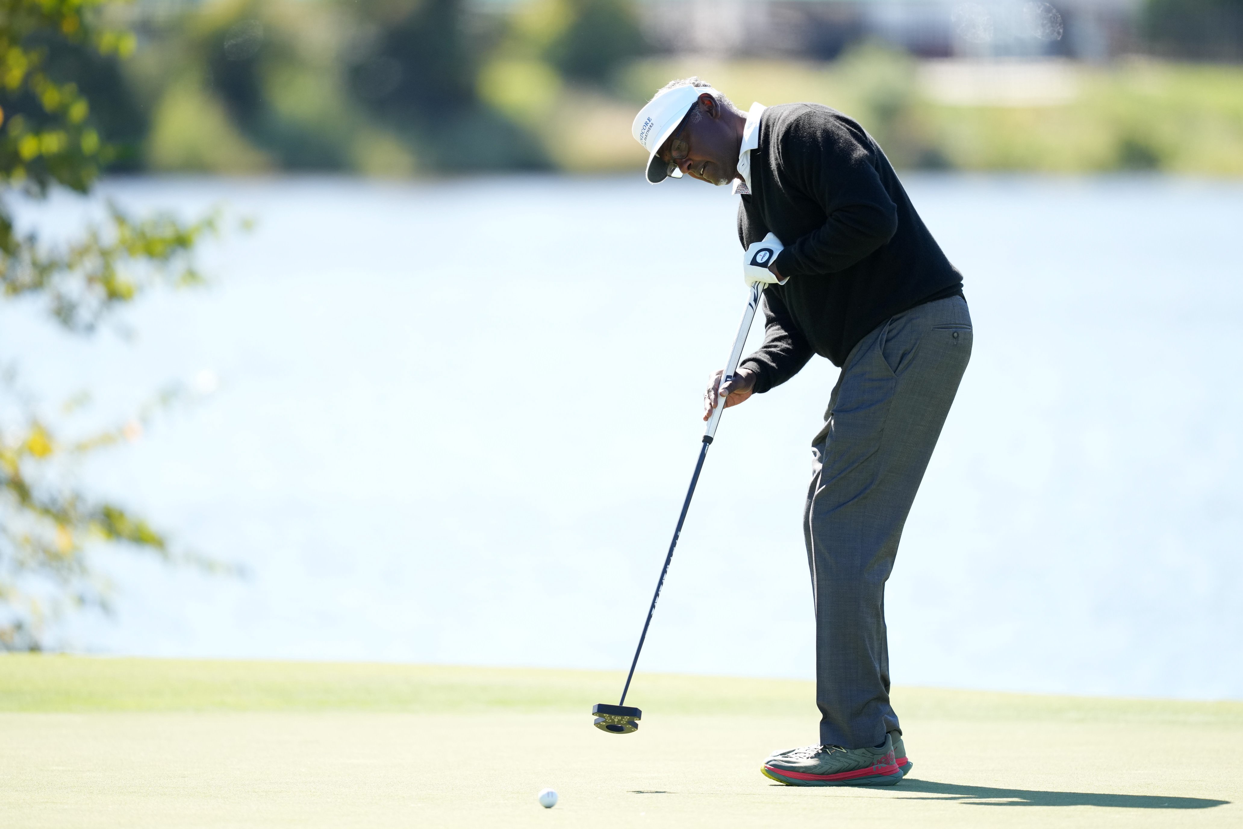 Vijay Singh putts on the first green during the final round of the SAS Championship 2026 at Prestonwood Country Club in Cary, North Carolina.