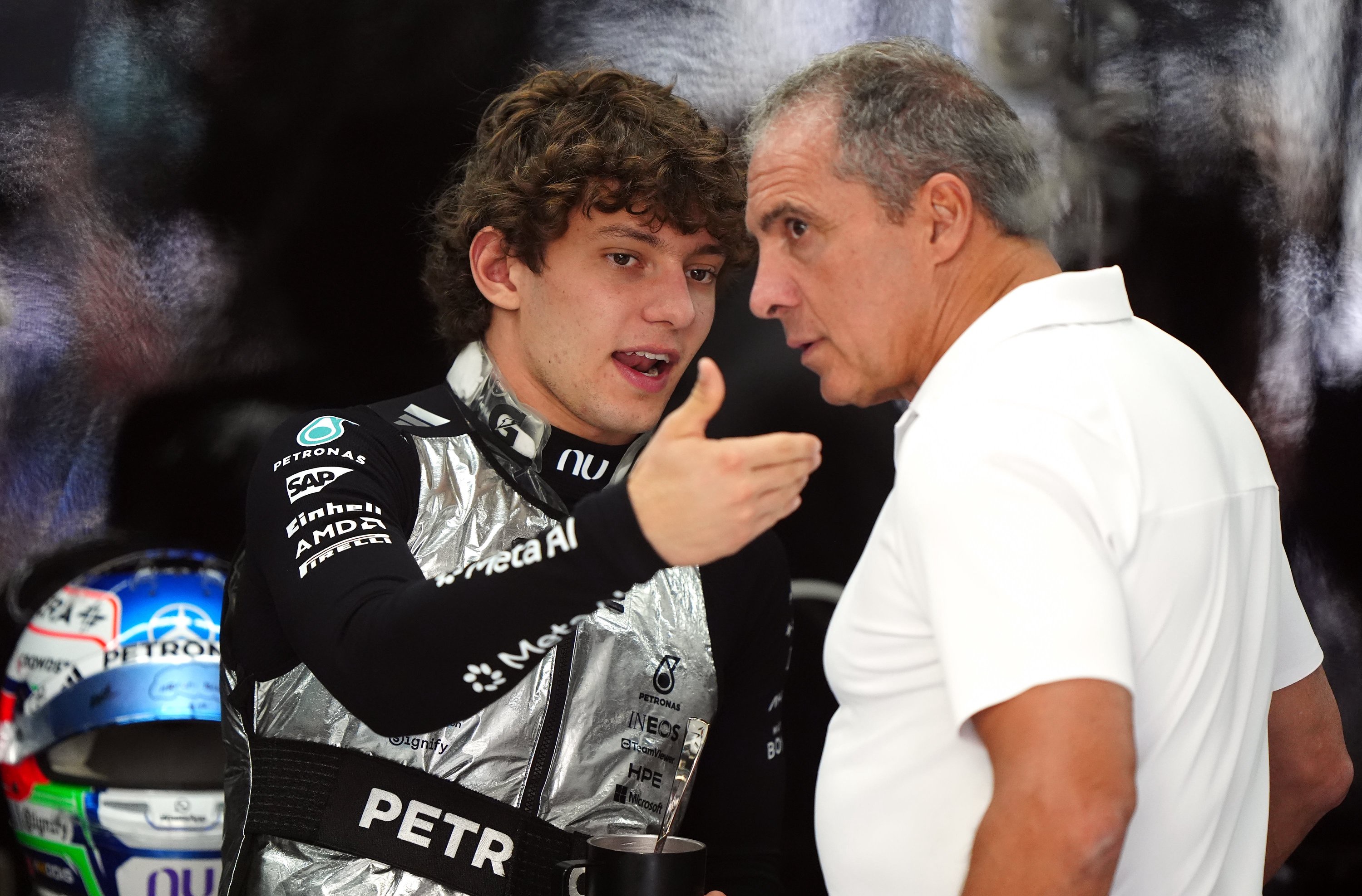 Kimi Antonelli with his father Marco in the Mercedes garage