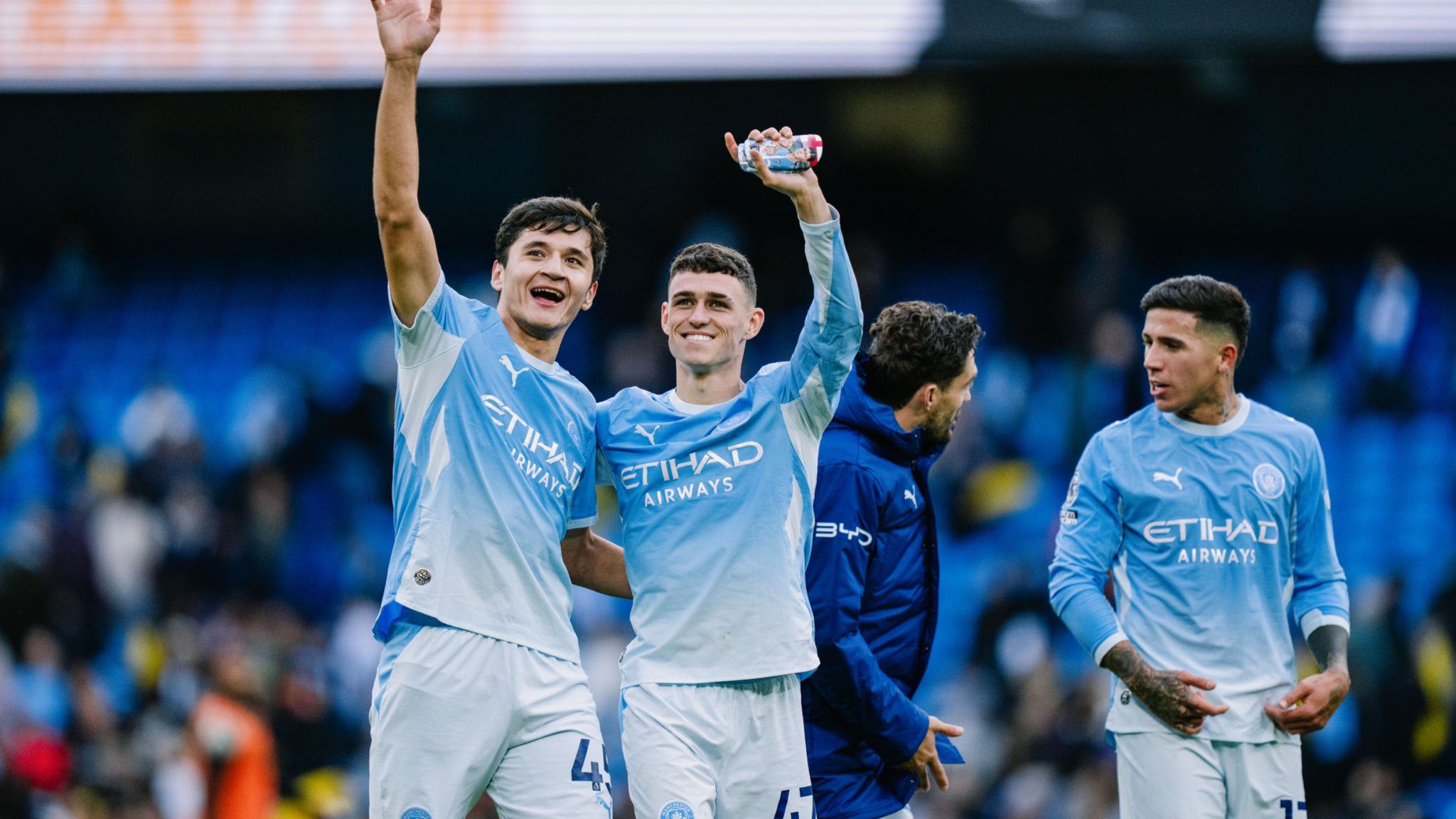 Abdukodir Khusanov, Phil Foden, and Enzo Fernandes of Manchester City celebrating after a Premier League win over Ipswich. PHOTO/@ManCity/X