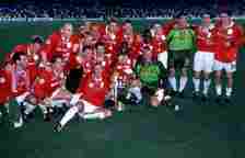 Manchester United players celebrating the 1999 Champions League win
