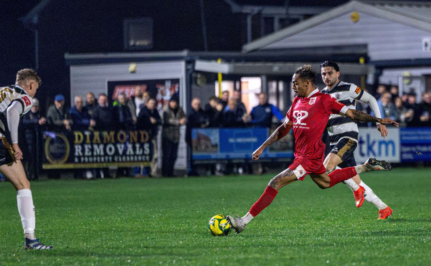 Troy Howard, of Faversham Town, thrashes home in sensational style. Picture: Nathan Munday