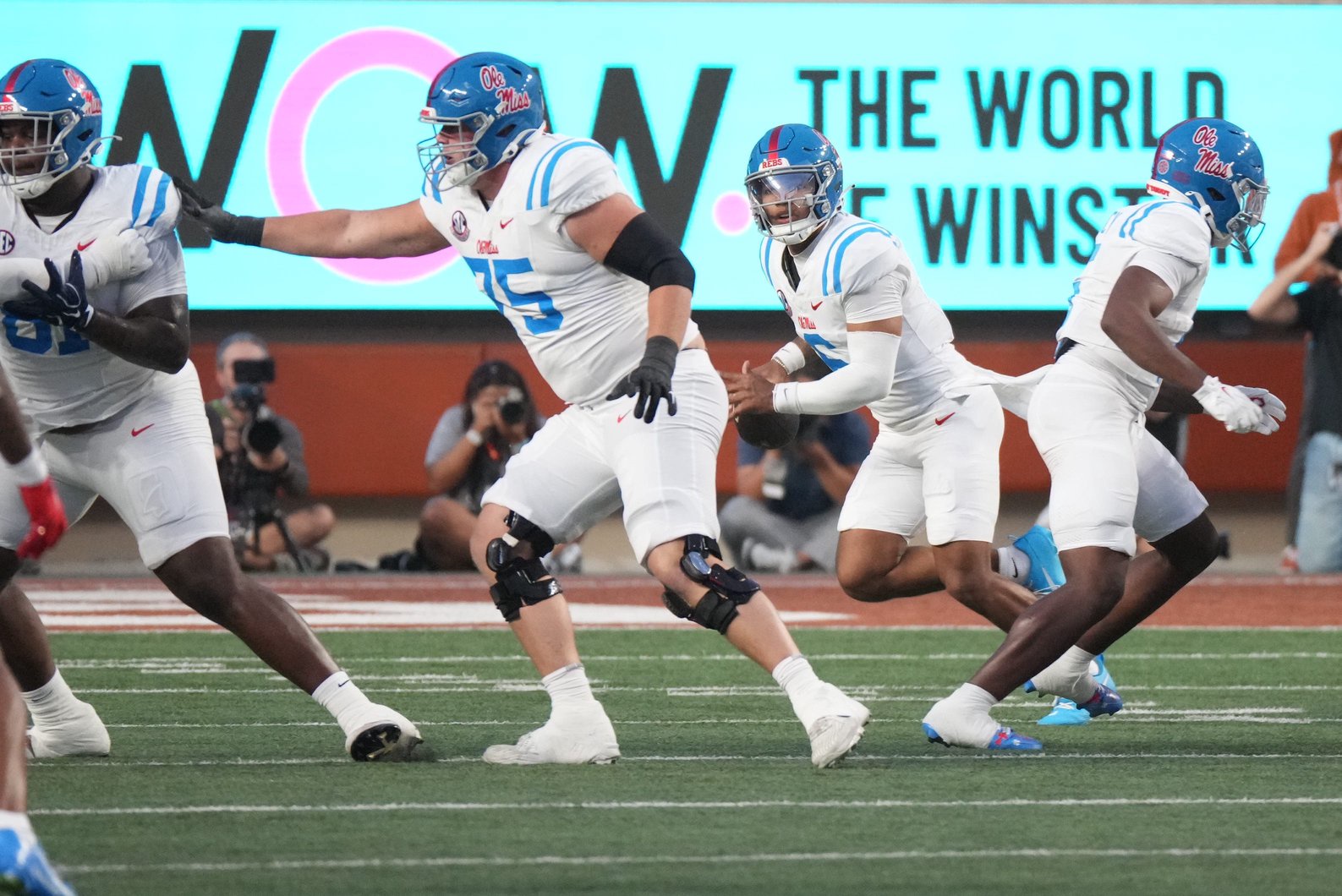 Oct 24, 2026; Austin, Texas, USA;  Mississippi Rebels quarterback Trinidad Chambliss (6) rolls out during the first quarter against the Texas Longhorns at Darrell K Royal-Texas Memorial Stadium.  Mandatory Credit: Scott Wachter-Imagn Images