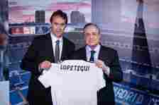 (L-R) Real Madrid head coach Julen Lopetegui and President of Real Madrid Florentino Perez attend a press conference at Estadio Santiago Bernabeu o...