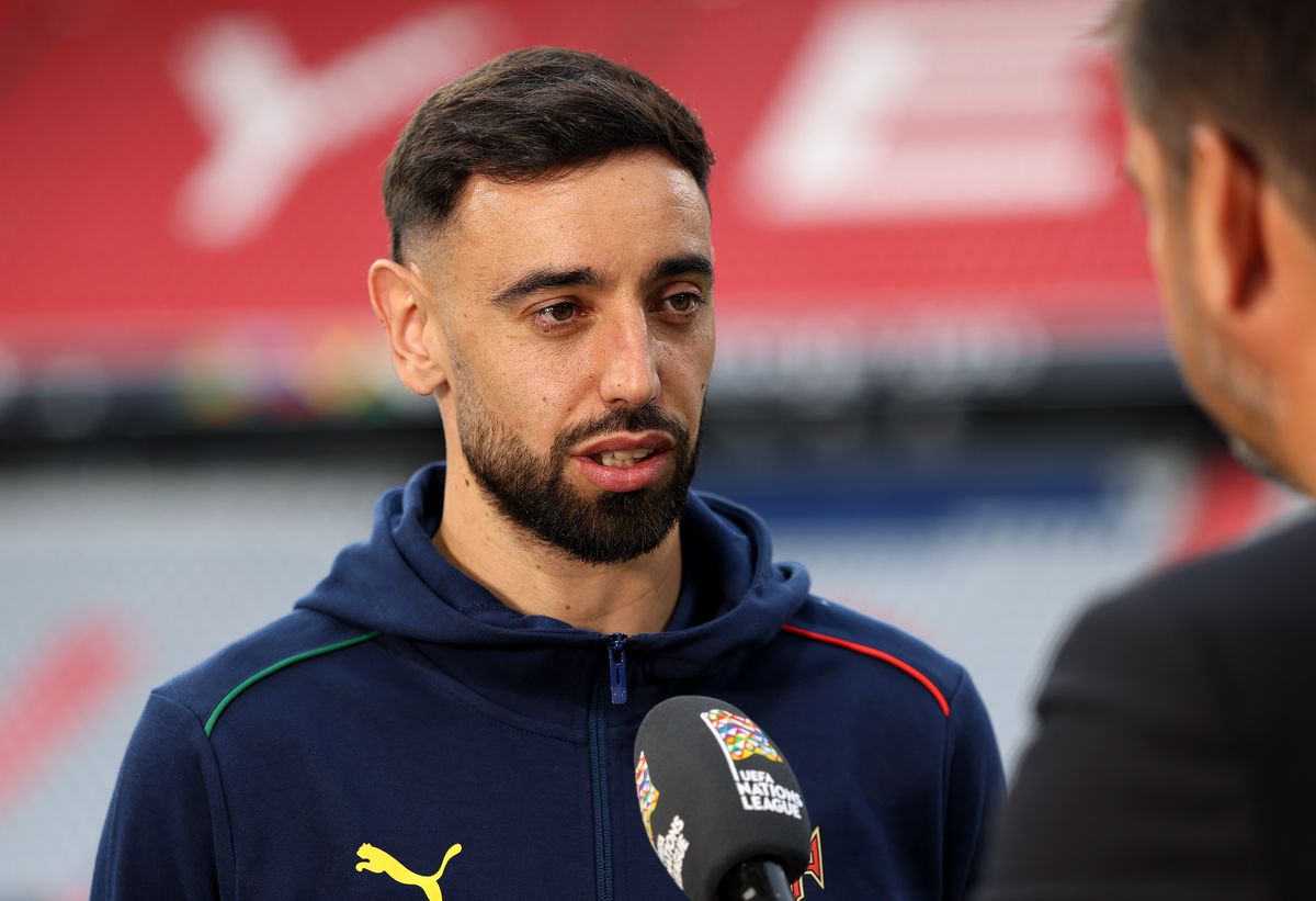 Bruno Fernandes of Portugal speaks to the media prior to the Portugal Training Session And Press Conference ahead of the UEFA Nations League 2025 Semi-final between Germany and Portugal