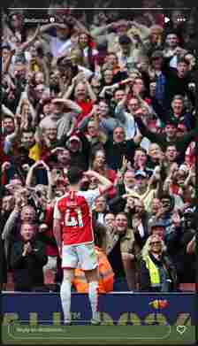 Declan Rice celebrates with Arsenal supporters