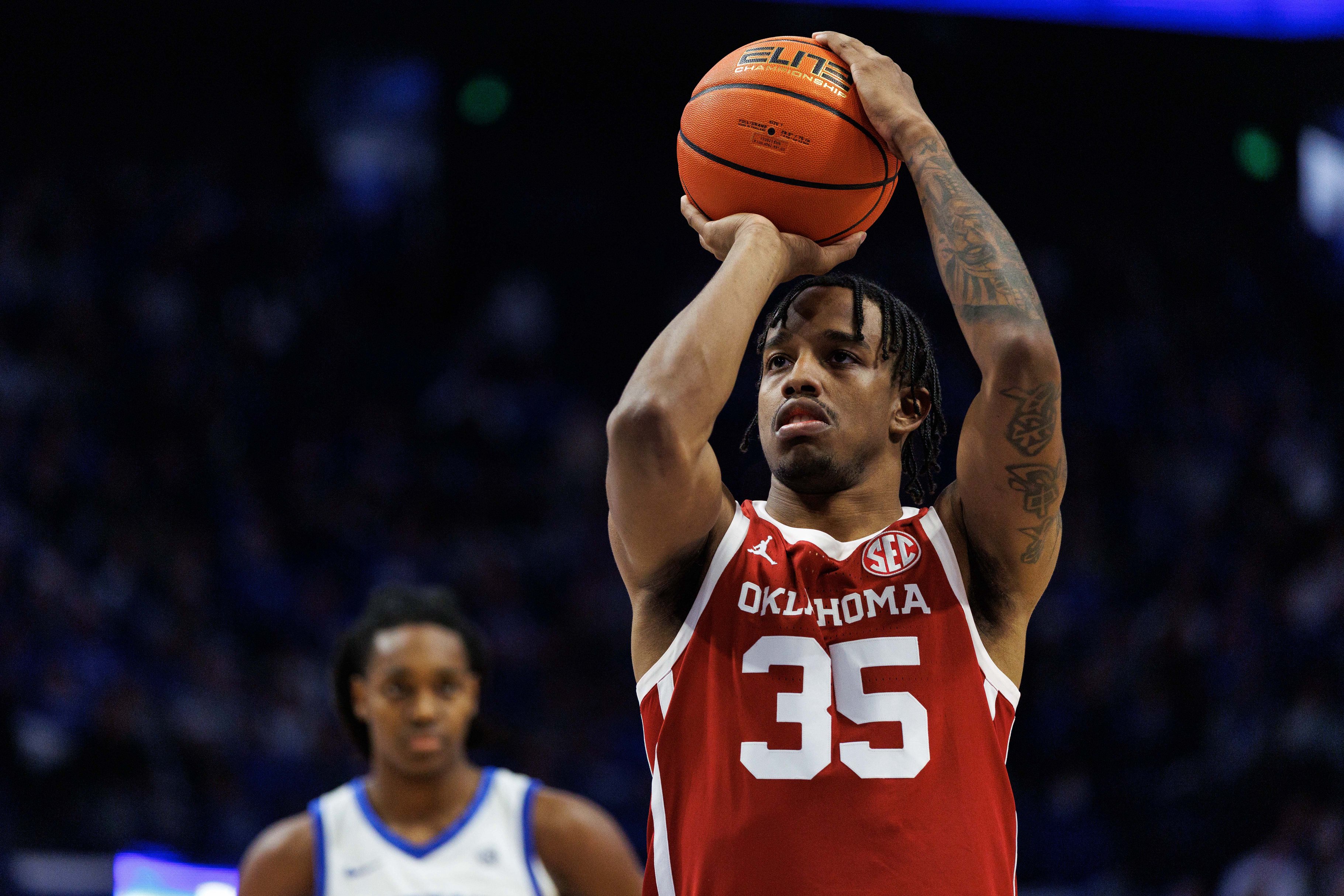 Feb 4, 2026; Lexington, Kentucky, USA; Oklahoma Sooners forward Derrion Reid (35) shoots a free throw during the first half against the Kentucky Wildcats at Rupp Arena at Central Bank Center. Mandatory Credit: Jordan Prather-Imagn Images